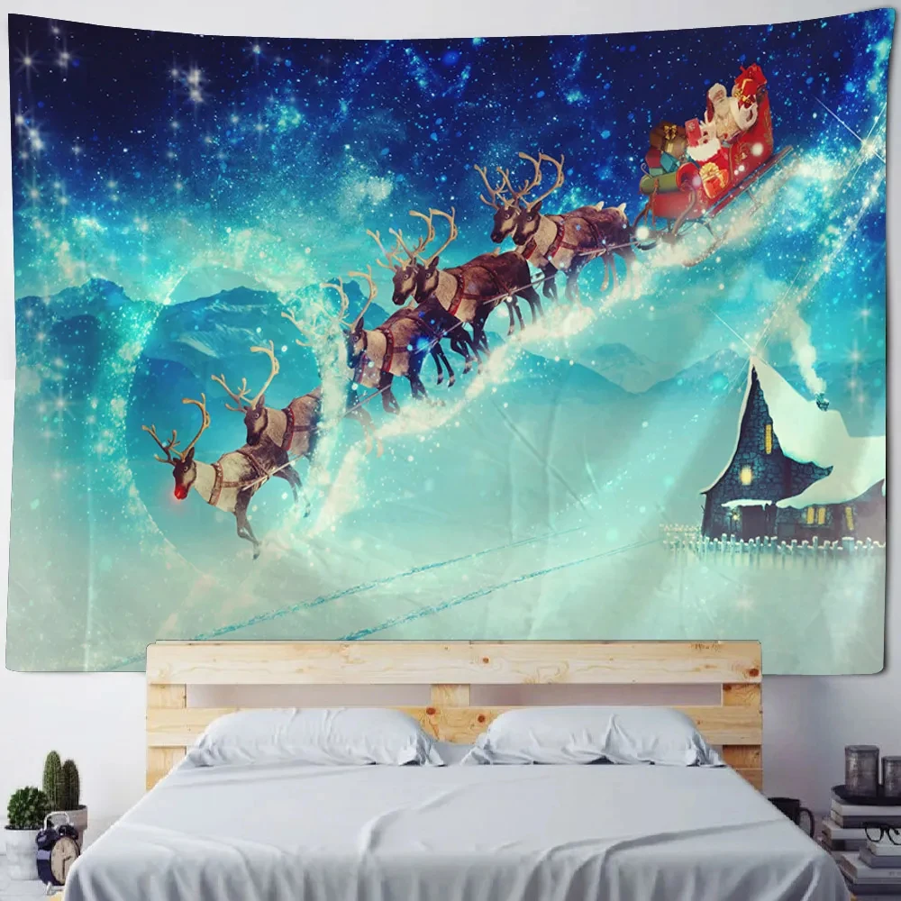 

Christmas Tapestry Wall Hanging Tree Snow View Starry Sky Santa Claus Elk Bedroom Living Room Holiday Decor Aesthetics Cloth