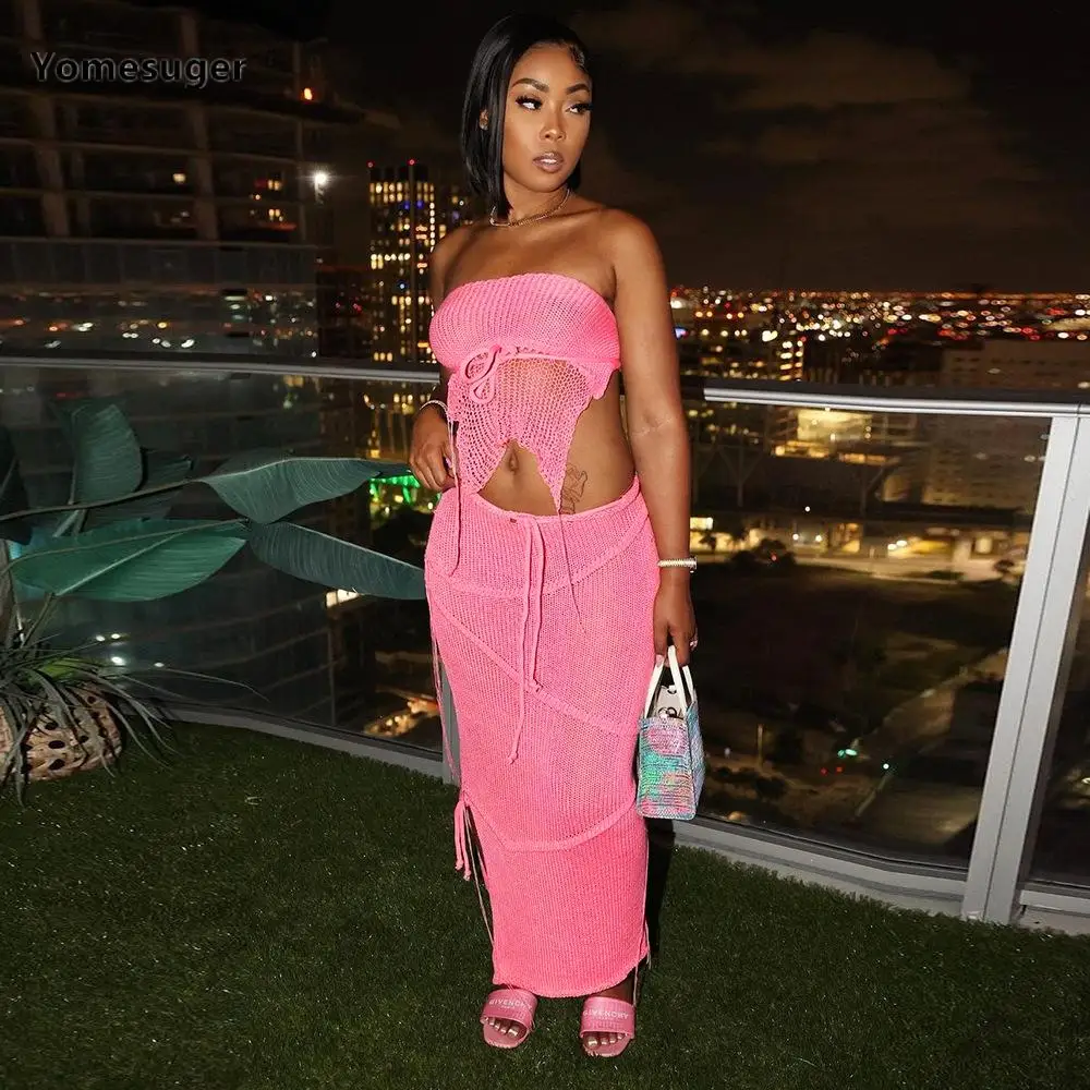 

Yomesuger Crochet Knit Pink Two Piece Skirt Sets Womens Sexy Tube Top and Maxi Skirts 2023 Summer Casual Beach Vacation Outfits