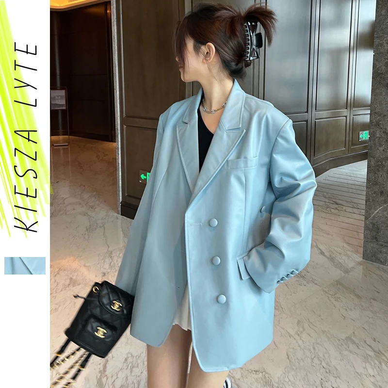 Spring Autumn New Blue PU Leather Jakcet Women Two Wear Soft Loose Suits Blazer High Quality