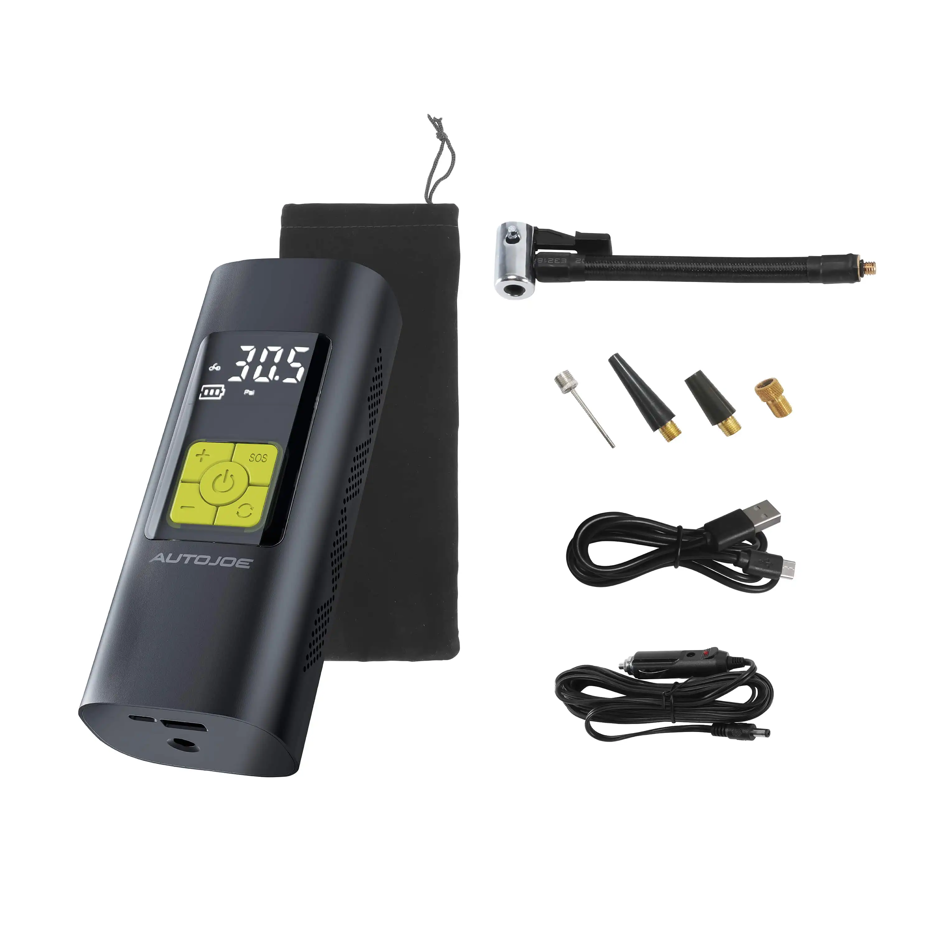 

ATJ-CA100 Ultra Compact Cordless Digital Air Pump Inflator/Power Bank , with 12 Volt DC Adaptor, USB-Type A Output, SOS LED Flas