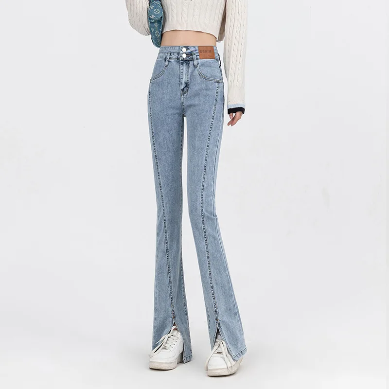 

Женские расклешенные джинсы с завышенной талией, тонкие узкие облегающие джинсы стрейч синего цвета с карманами для весны и лета