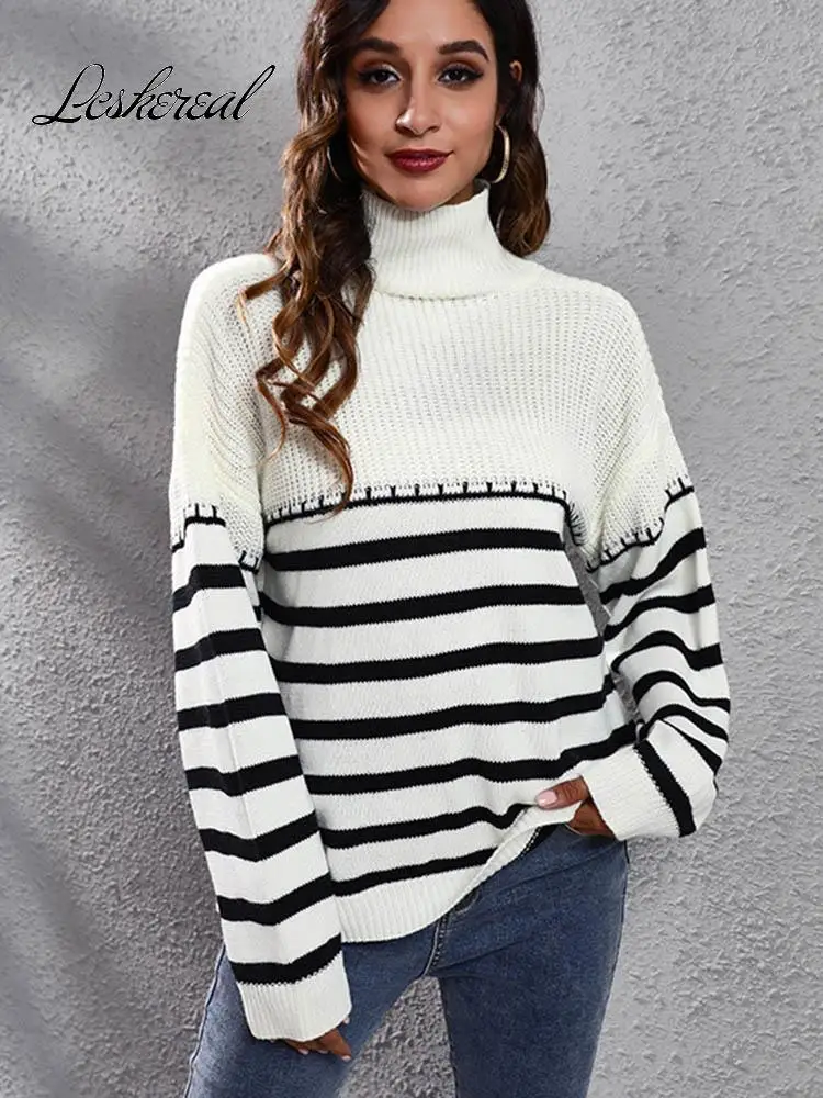 

Fashion Turtleneck Long Sleeve Top Striped Loose Sweater Women 2022 Fall Winter Clothes Casual Sweaters Pullover Pull Femme