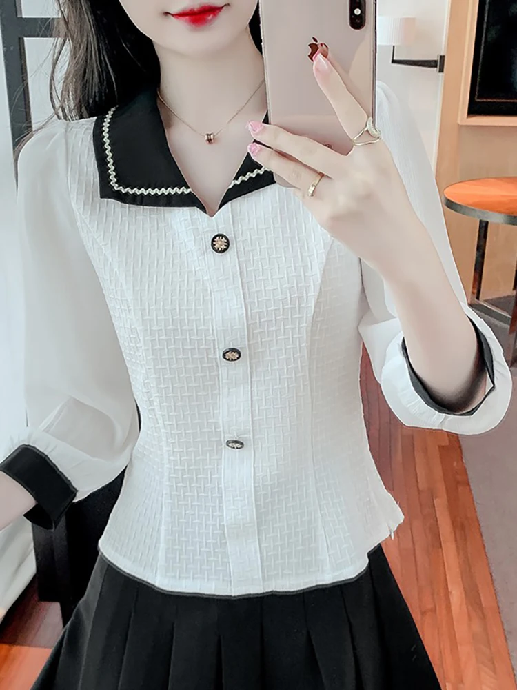 

Woman Spring Autumn Style Chiffon Blouses Shirts Lady Casual Three Quartz Sleeve Peter Pan Collar Blusas Tops