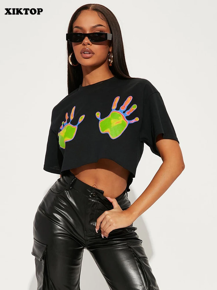 

XIKTOP Printed T-shirts Summer Women Sexy O-Neck Short Sleeve Crop Top Fashion Loose All-Matching Y2K Clothes Hipster Streetwear
