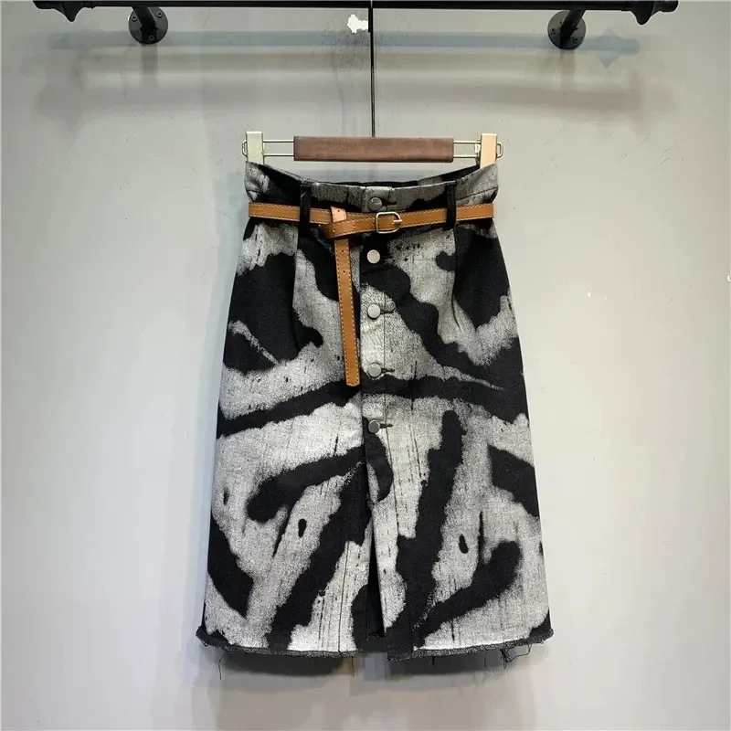 

Винтажная летняя джинсовая юбка для женщин, однобортная модная юбка ручной росписи, женская Свободная джинсовая юбка с высокой талией, M112