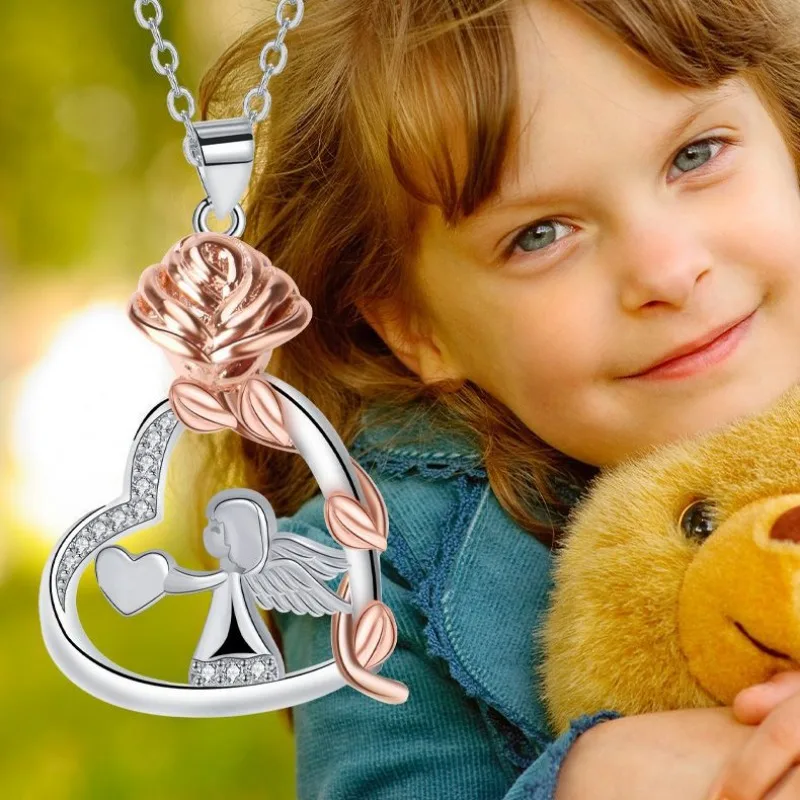 Angle Pendant Necklace for Women Heart Rose Necklaces Christmas Gifts Copper Chain Choker High Quality Jewelry Wholesale Knn-344