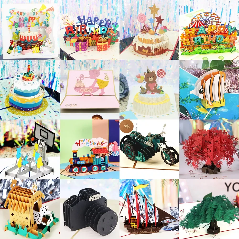 

Hot 3D Pop UP Happy Birthday Cards Invitation Cake Greeting Card Business Kids Gift Tourist Postcard for Friend Dad Mom Present