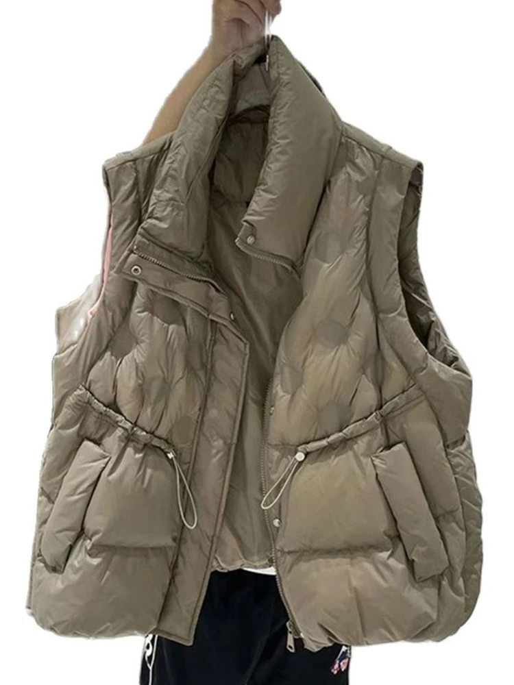 

Womens Sleeveless Zip Puffer Vest Drawstrig Hem Oversized Stand Collar Warm Winter Coats Mid-Length Drawstring Zip Up Sleeveless