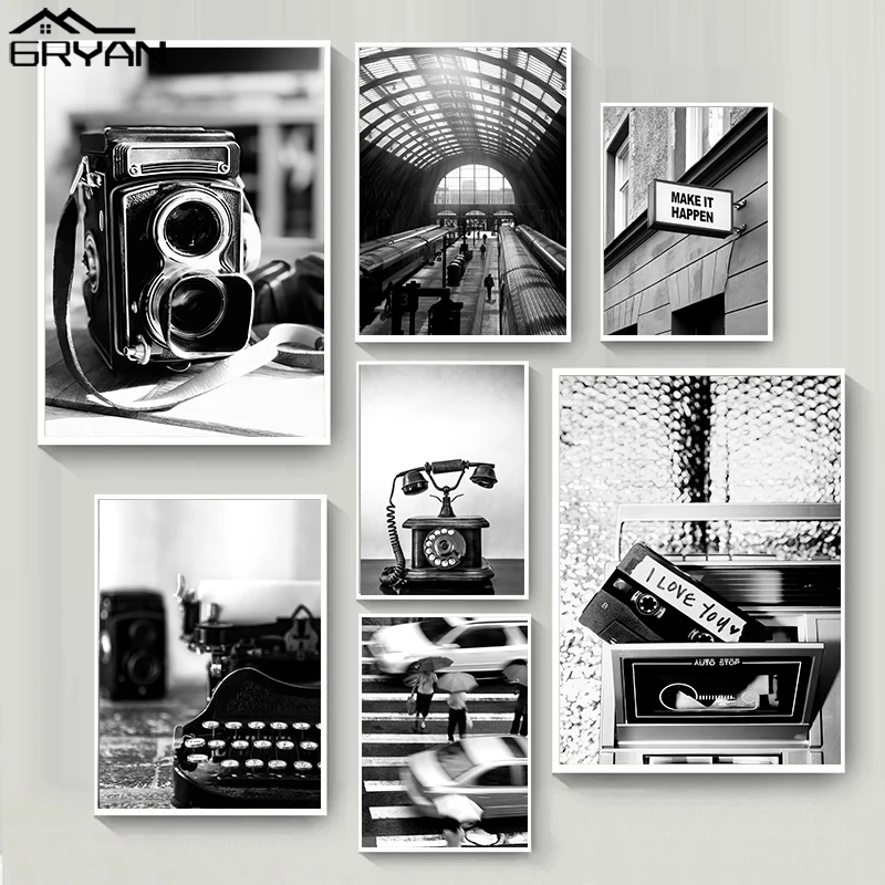 Черно-белая ретро-кассета пленка камера машинка для письма железнодорожная