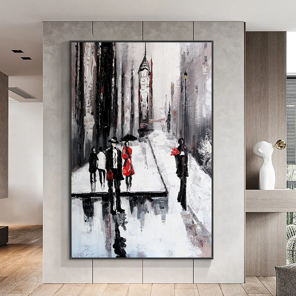 

Hand Painted Abstract City Black Building People Walk On The Street Oil Painting On Canvas Wall Art For Home Decor No Framed