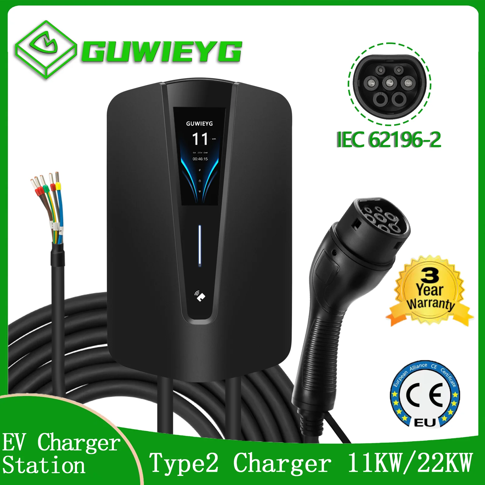 

EV Charger Type2 Plug EVSE Wallbox 32A 22KW IEC62196-2 Socket 1 Phase 5m Cable Wallmount Charging Station for Electric Car
