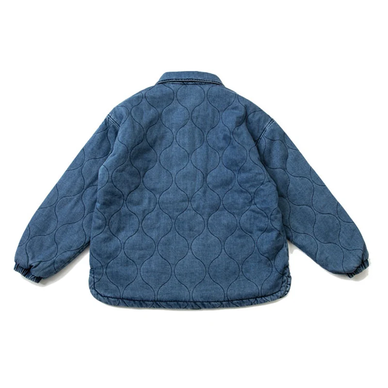 Japanese Cityboy Loose Shoulder Sleeves Washed Denim Cotton Coat Men's and Women's Solid Color Cotton Padded Blue Jacket