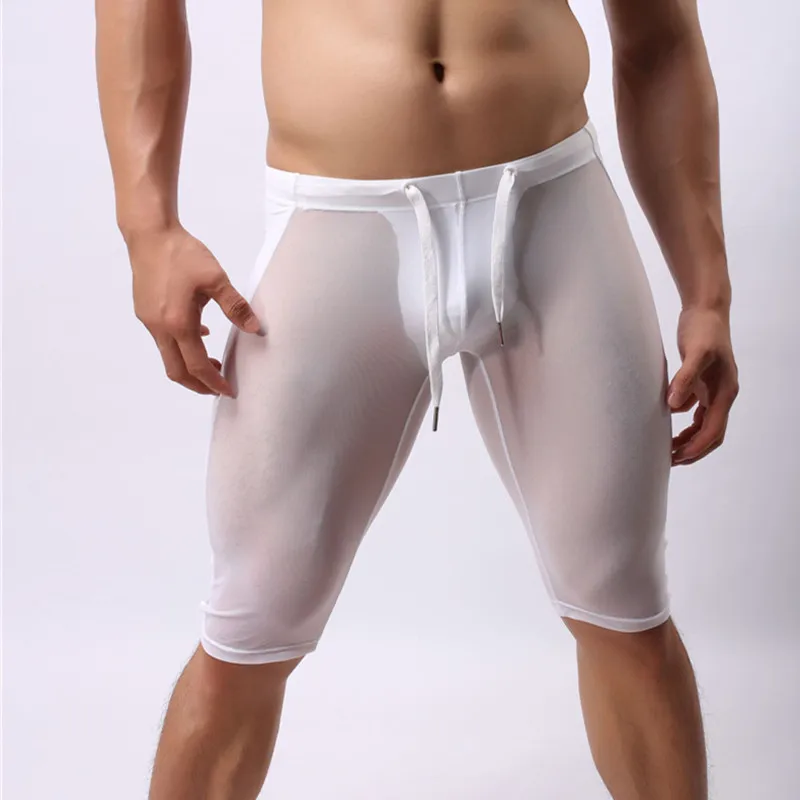 Men Swim Briefs Thin Mesh Tight Sexy Swimsuits Shorts Sweatpants Swimming Surf Board Beachshorts Gay Swimwear Low Rise Bathing