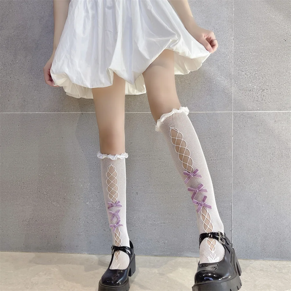 

Hollow Out Mesh Fishnet Lace Ruffle Socks Stockings Japanese Lolita Knee High Socks Velvet Bow JK Cosplay Costumes Accessories