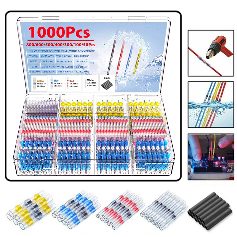 

50-1000Pcs Waterproof Solder Seal Wire Connectors Heat Shrink Solder Butt Terminals Cable Splice Kit Automotive Marine Insulated