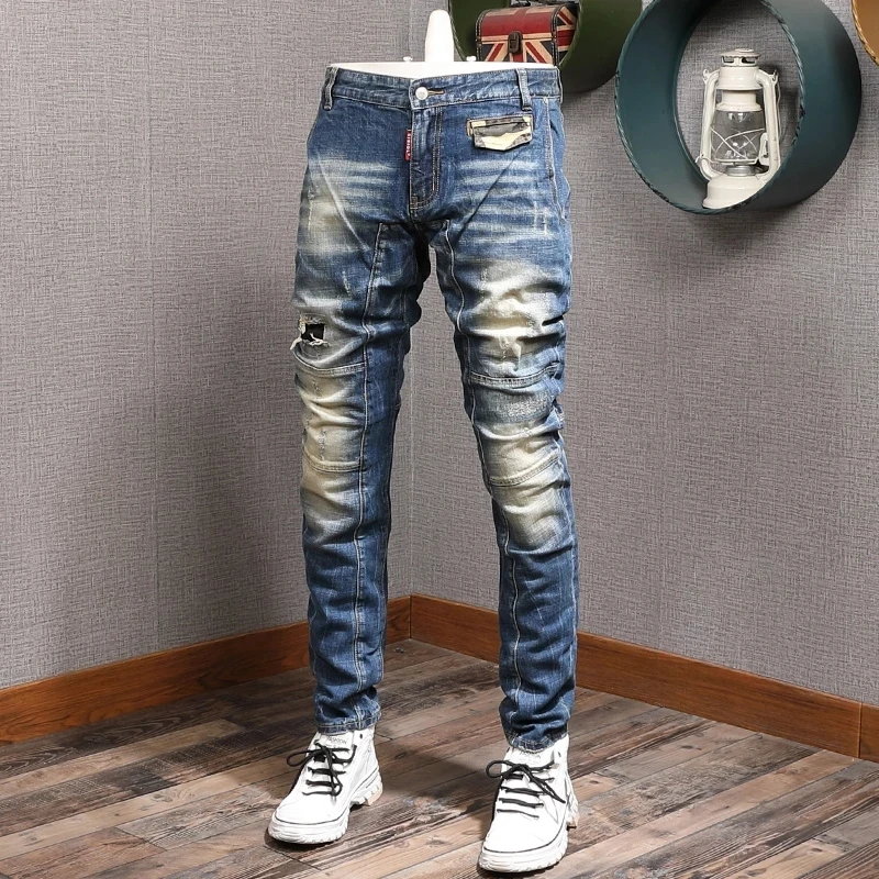 Fashion Streetwear Men Jeans Retro Washed Blue Elastic Slim Fit Ripped Jeans Spliced Designer Hip Hop Denim Biker Pants Hombre