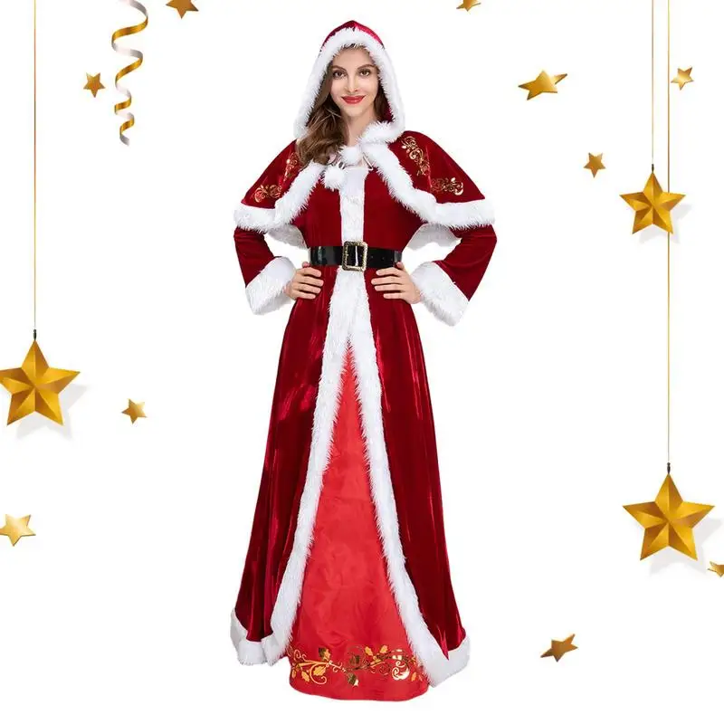 

Santa Women Dress Velvet Christmas Red Dress Festival Supply Woman Santa Costume For Winter Christmas New Year Parties