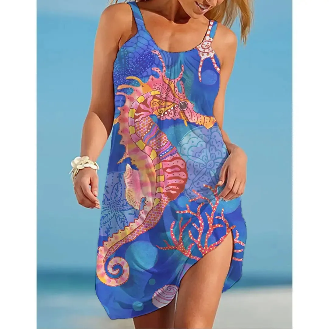 

Hippocampus 3d impressão sexy mulheres vestidos de praia hawaii boho o-neck vestido sem mangas verão férias marca beachwear 2022
