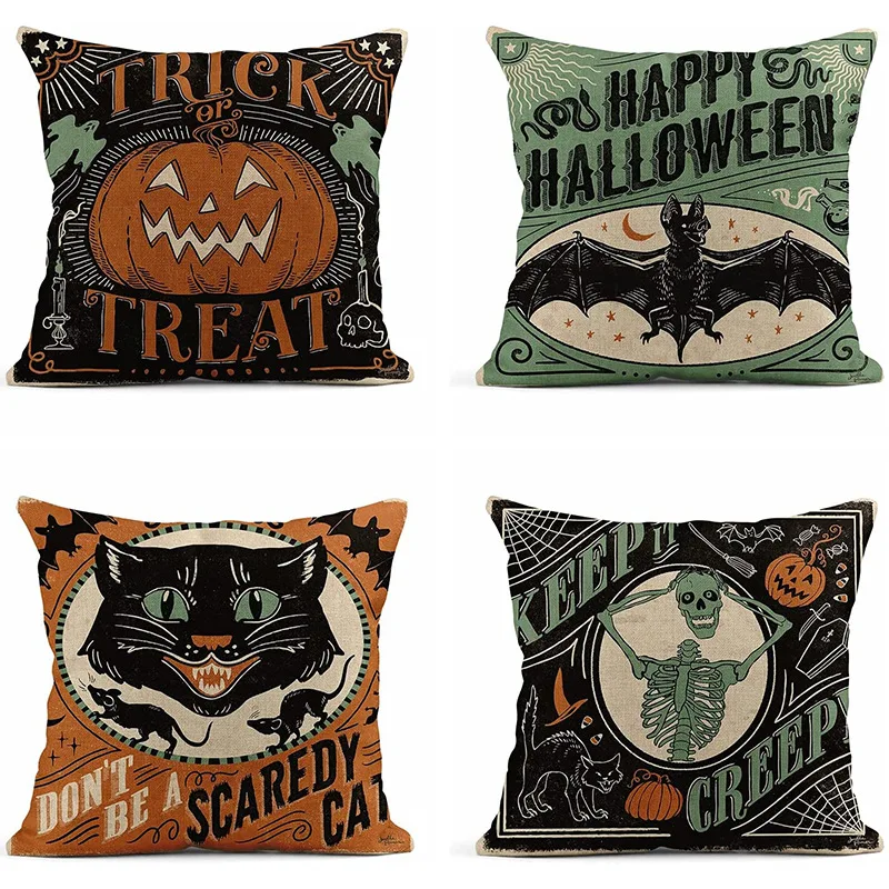 

Декоративная льняная наволочка 45*45 см в виде кота, черепа, тыквы