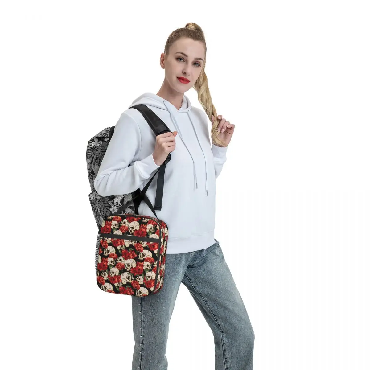

Halloween Day Of The Dead Lunch Bag Skull and Flowers Print Beach Pocket Cooler Bag Zipper Pearl Cotton Beautiful Thermal Bag