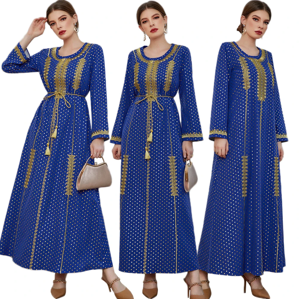 Рамадан Abayas Ретро длинное платье с вышивкой О-образным вырезом с длинным рукавом упаковка в горошек платье с принтом винтажный халат ИД жен...