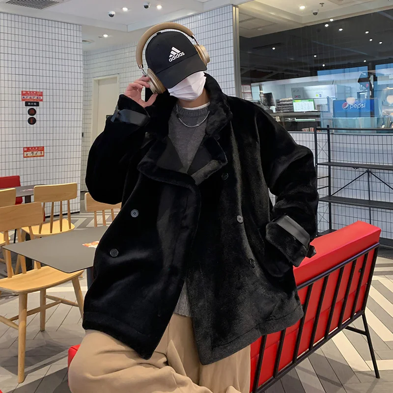 Winter Jacket Men Warm Fashion Double Breasted Thicken Plush Jacket Men Streetwear Korean Loose Thick Short Coat Mens Clothes