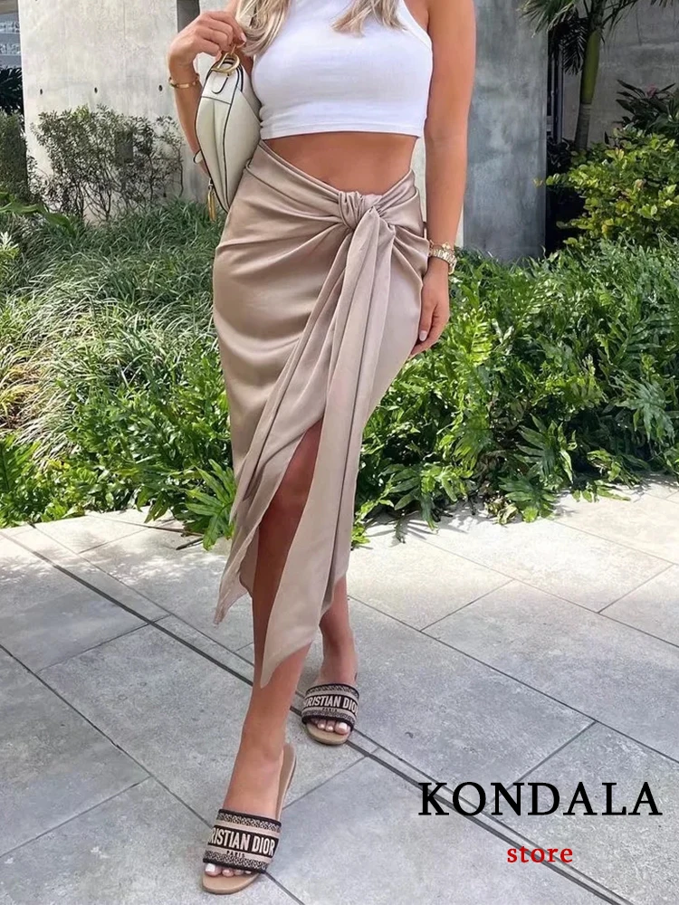 

KONDALA Vintage Solid Gray Front Split Midi Skirts Women High Waist Sashes Sheath Skirts Office Lady Elegant Mujer Faldas