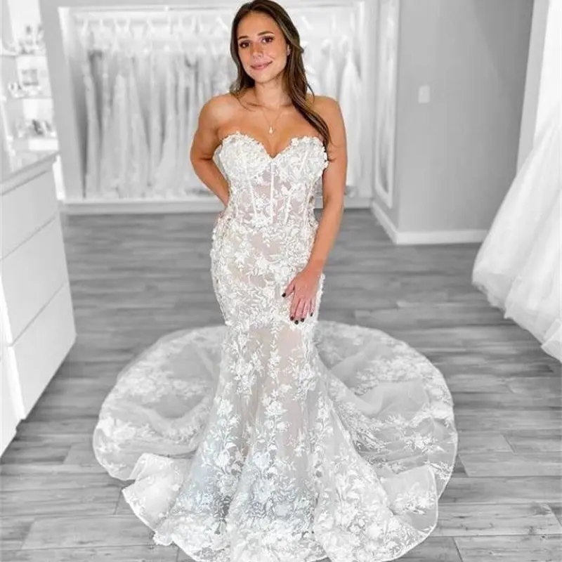 

Elegant Tulle Wedding Dresses Lace Floral Sweetheart Mermaid Robe De Mariee Custom Made Boho Vestido De Novia