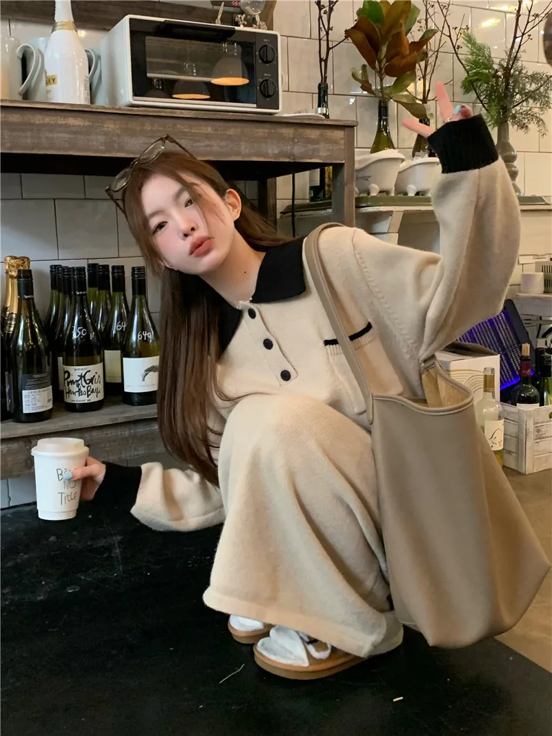 Design Contrast Color Polo Collar Knitted dress Women Temperament New Winter Casual Loose Soft Glutinous Sweater Long dress