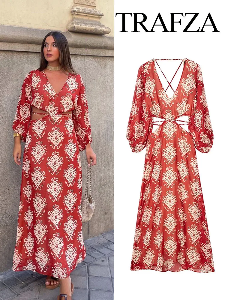 

TRAFZA Dress For Women Summer Chic Printing Bare Waist Dresses Tight Rear Zipper Long Female Show Figure Vintage Party Vestidos