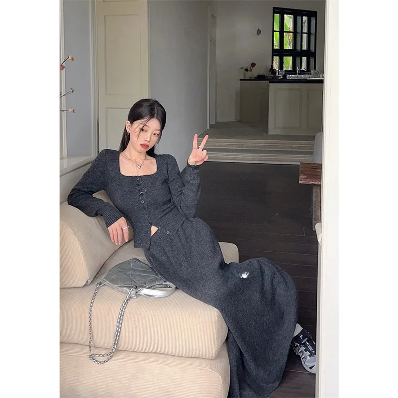 Plus Size Ruyan ~ Autumn Women clothes 2024 New Fashion Cardigan korea Base Sweater Skirt Two-piece Suit
