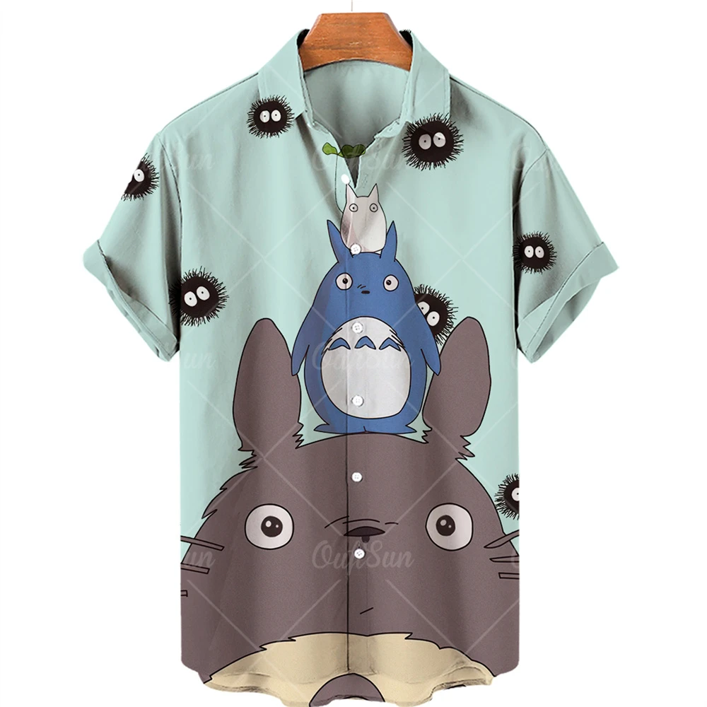 Hayao Miyazaki Shirt Faceless Cat Mask 3D Men's Short Sleeve Hawaiian Beach Summer |
