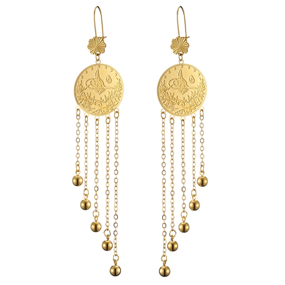 

Middle Eastern Ottoman Turkish Jewelry Earrings with Gold Plating Copper Coin Tassel Dangle Earrings Luxury Jewelry for Women