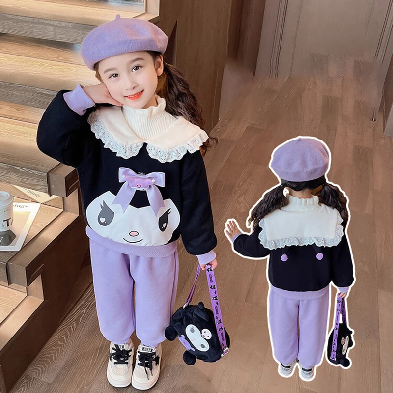 

Kuromi Sanrio Kawaii Anime Autumn Winter Children Fleecing Sports Suit Cute Cartoon Long-Sleeved Top Trousers Gifts for Girls