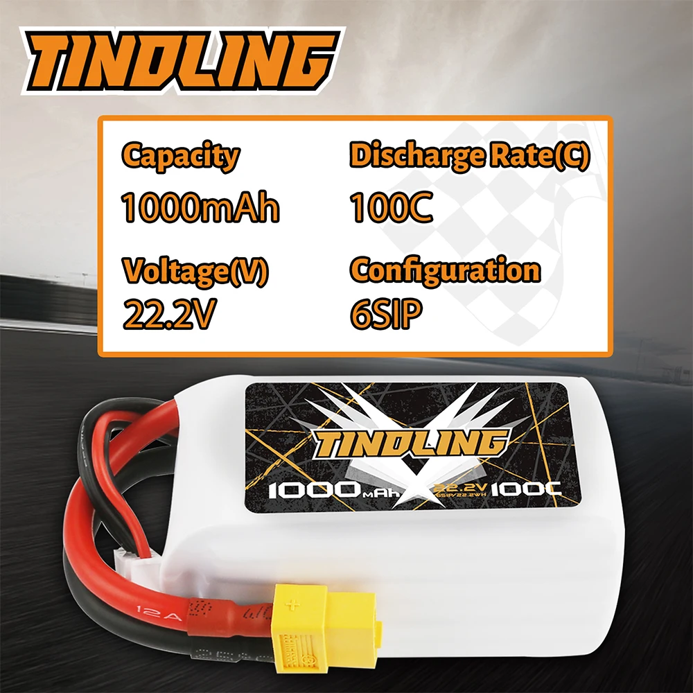 

Tindling 6S 22.2V 1000mAh 100C LiPo Battery Pack With XT60 Plug For Drone FPV Freestyle RC Airplane RC Helicopter RC Car Truck