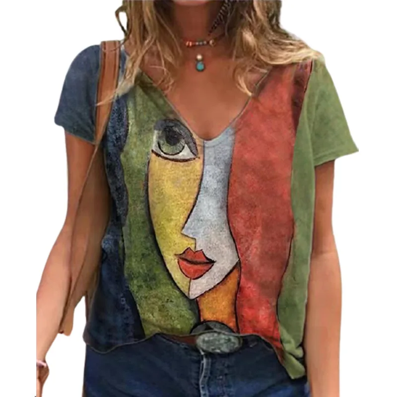 

Fashion T Shirt for Women 2023 New Abstract Character Positioning Print V-neck Pullover T-shirt Ladies' Top