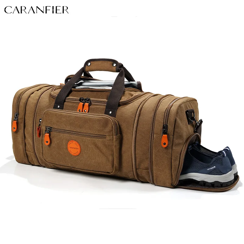 CARANFIER 16oz Canvas Travel Duffle Bag for Men Shoe Compartment Expandable Design 50L/55L Dry Wet Separation Pocket Weekender