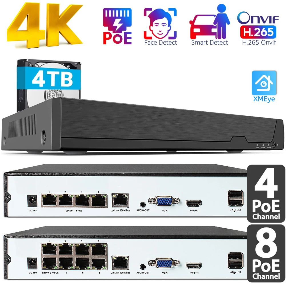 Фото 4/8-канальный 4K NVR POE Onvif сетевой видеорегистратор для IP-камер, видеорегистраторы CCTV с PoE, 8-канальный NVR с поддержкой Power Over Ethernet XMEye №1