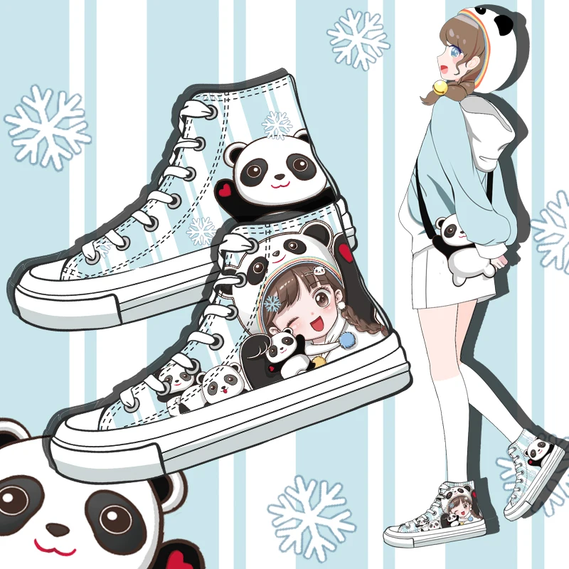 

Amy and Michael Kawaii Anime Panda Girls Students Hand Painted Canvas Sneakers High Top Flat Plimsolls Woman Vulcanize Shoes