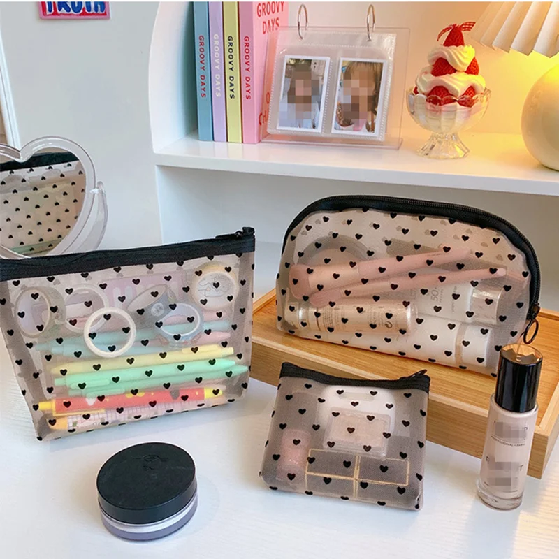 

transparent heart mesh storage bags Women Necessary Cosmetic Bag Travel Organizer Small Large Black Toiletry Bags Makeup Pouch