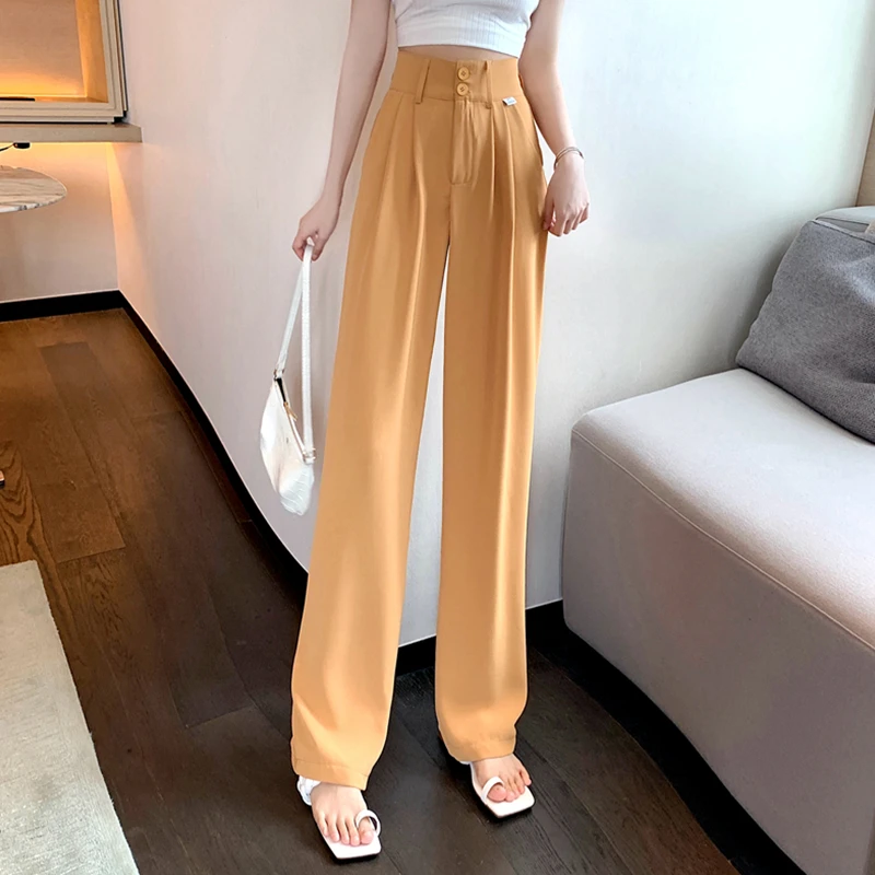 

Women Suit Pants Baggy High Waist Straight Fashion Self Cultivation Orange Folds Zipper Summer Wild Casual Wide Leg Long Trouser