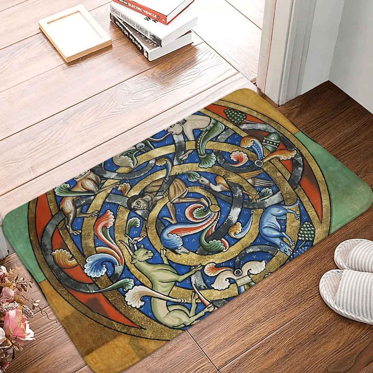 

MEDIEVAL BESTIARY Fantastic Animals Gold Blue Round Ancient Non-Slip Carpet Doormat Living Room Bath Mat Entrance Door Decor Rug