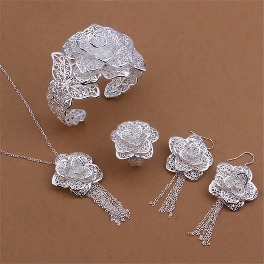 

New silver color jewelry set charm elegant hollow big flowers Necklace Bangles Dangle Earrings Ring fashion party jewelry