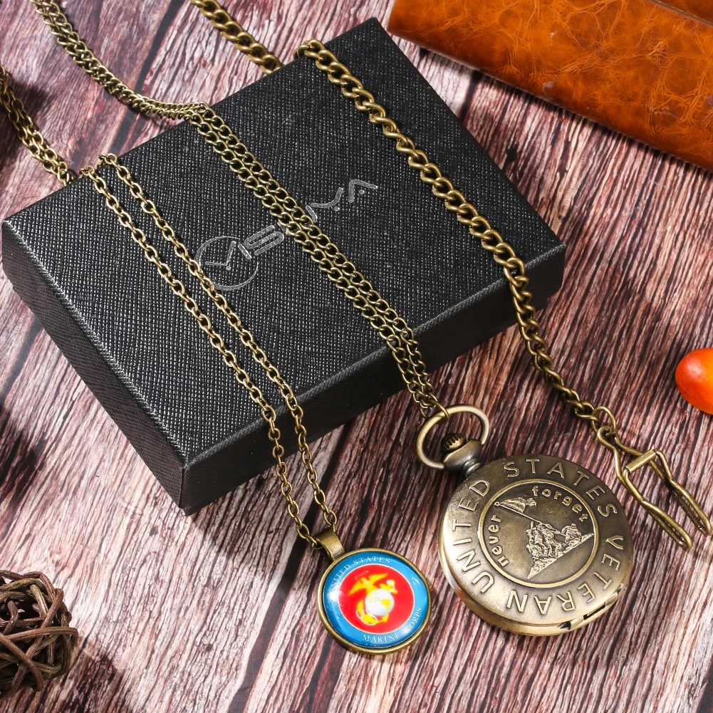 Big Bronze Quartz Pocket Watch Necklace Marine Corps Logo Souvenir Gift Set for Men Pocket Watch Masculino Red Logo Pedent Chain