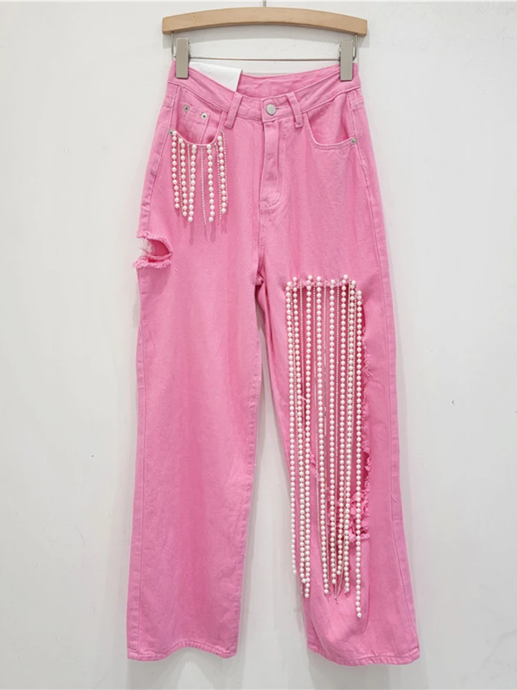 Женские прямые джинсы с цепочкой DEAT винтажные брюки из денима перламутровыми