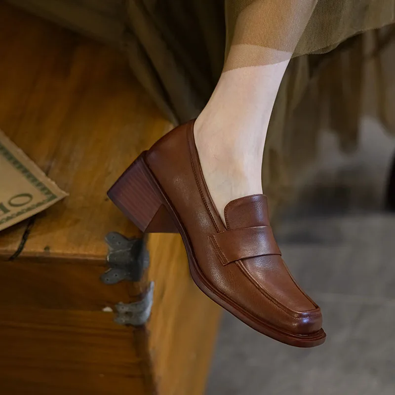 

2022 New Spring Genuine Leather Woman Shoe Casual Slip-On Loafers Square Toe Pumps Shoes Woman Zapatos De Mujer Women Heels