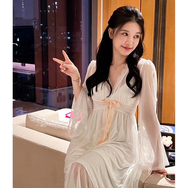 Elegant Mesh Perspective Female Long Nightgown Bathrobe Gown Nightdress Sleepwear Sexy Half Sleeve Nightwear Loose Home Wear