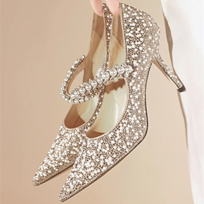 European and American women's pointed toe shoes shallow mouth pearl rhinestone single shoes