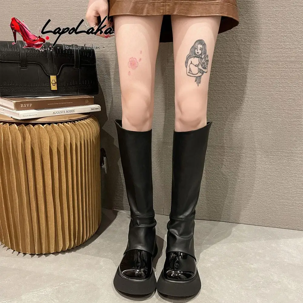 

LapoLaka 2022 Sample Style Round Toe Slip-On Mid-Calf Boots Thick Platform Back Zipper Thin And Tall Autumn Winter Women Boots