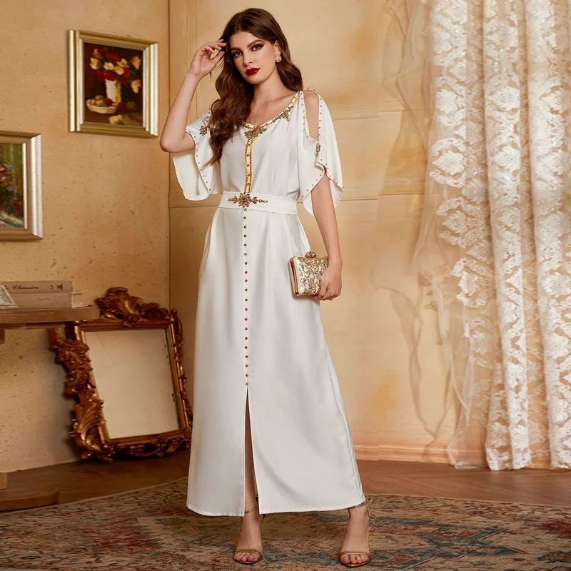 Rhinestones Satin Party Dress Moroccan Kaftan Women Fashion Handwork Muslim Abaya with Belt Evening Gown Middle East Arabic Oman